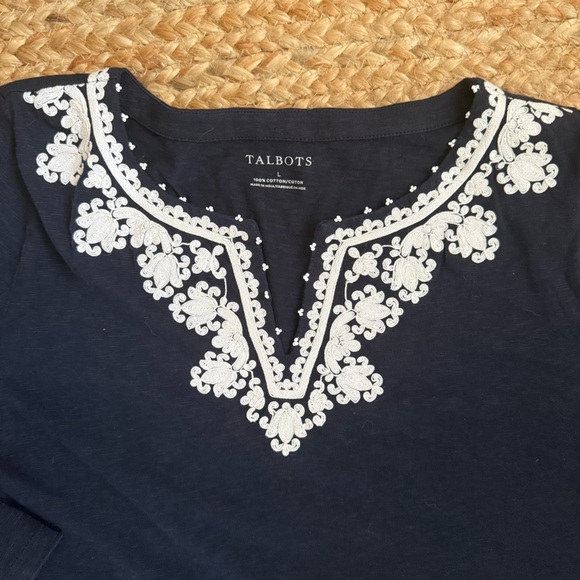 Talbots Large Blue & White Cotton Embroidered 3/4 Sleeve Blouse - Picture 2 of 5